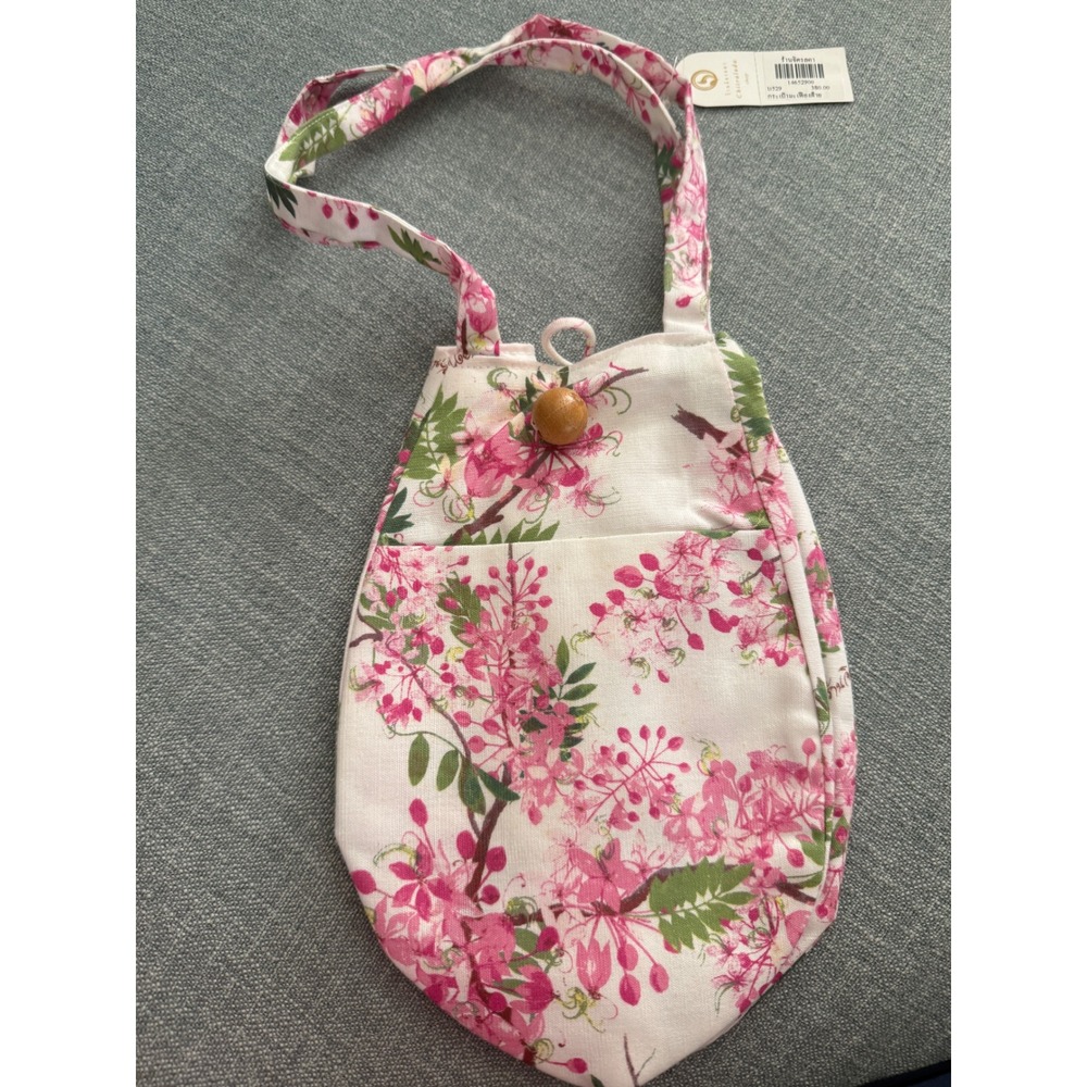 Thai Floral Cotton Tote Bag‎ Pink Blossom Print Wood Bead Closure White Shoulder
